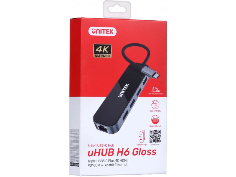 תחנת עגינה Unitek uHUB H6 Gloss 6-in-1 USB-C Ethernet Hub With HDMI and 100W Power Delivery D1084A