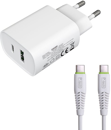 מטען קיר Power-Tech 20W שתי כניסות USB Type-C + USB-A עם כבל USB-C לבן