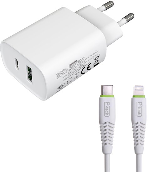 מטען קיר Power-Tech 20W שתי כניסות USB Type-C + USB-A עם כבל Lightning לבן