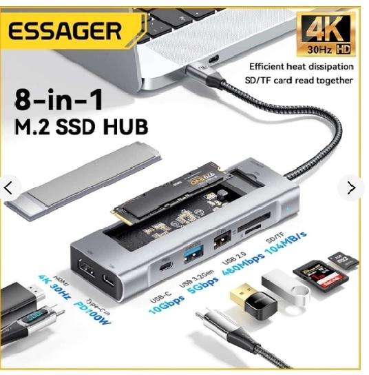 תחנת עגינה כולל אפשרות לדיסק חיצוני  ESSAGER 8-In-1 USB-C Nvme