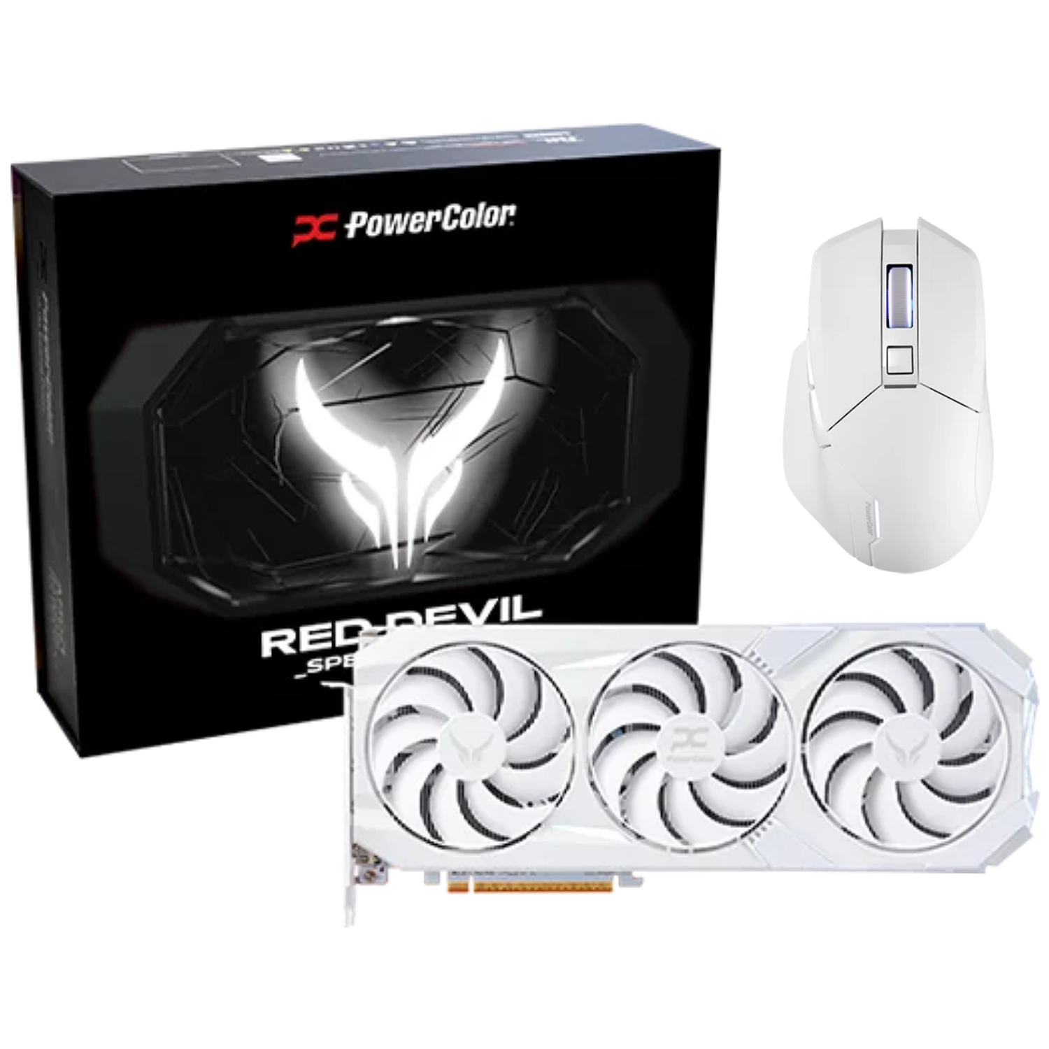 מארז - עכבר alphyn am10 + כרטיס מסך powercolor red devil spectral white rx 9070 xt 16gb gddr6